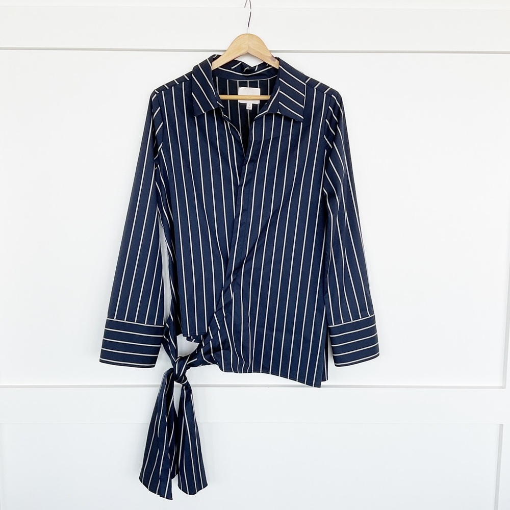 Cinq a Sept Striped Long Sleeve Tie Front Shirt Navy Blue